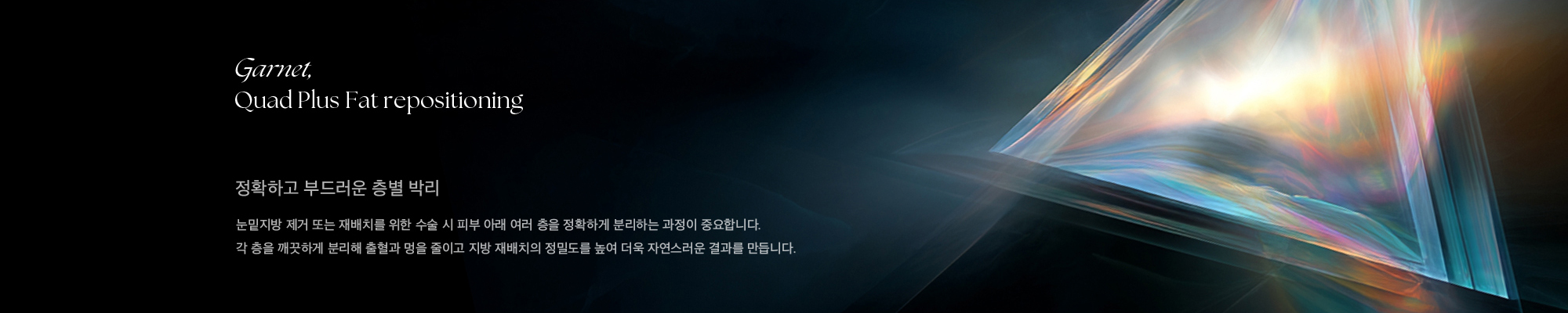 Garnet, Quad Plus Fat repositioning 정확하고 부드러운 층별 박리 눈밑지방 제거 또는 재배치를 위한 수술 시 피부 아래 여러 층을 정확하게 분리하는 과정이 중요합니다. 각 층을 깨끗하게 분리해 출혈과 멍을 줄이고 지방 재배치의 정밀도를 높여 더욱 자연스러운 결과를 만듭니다.
