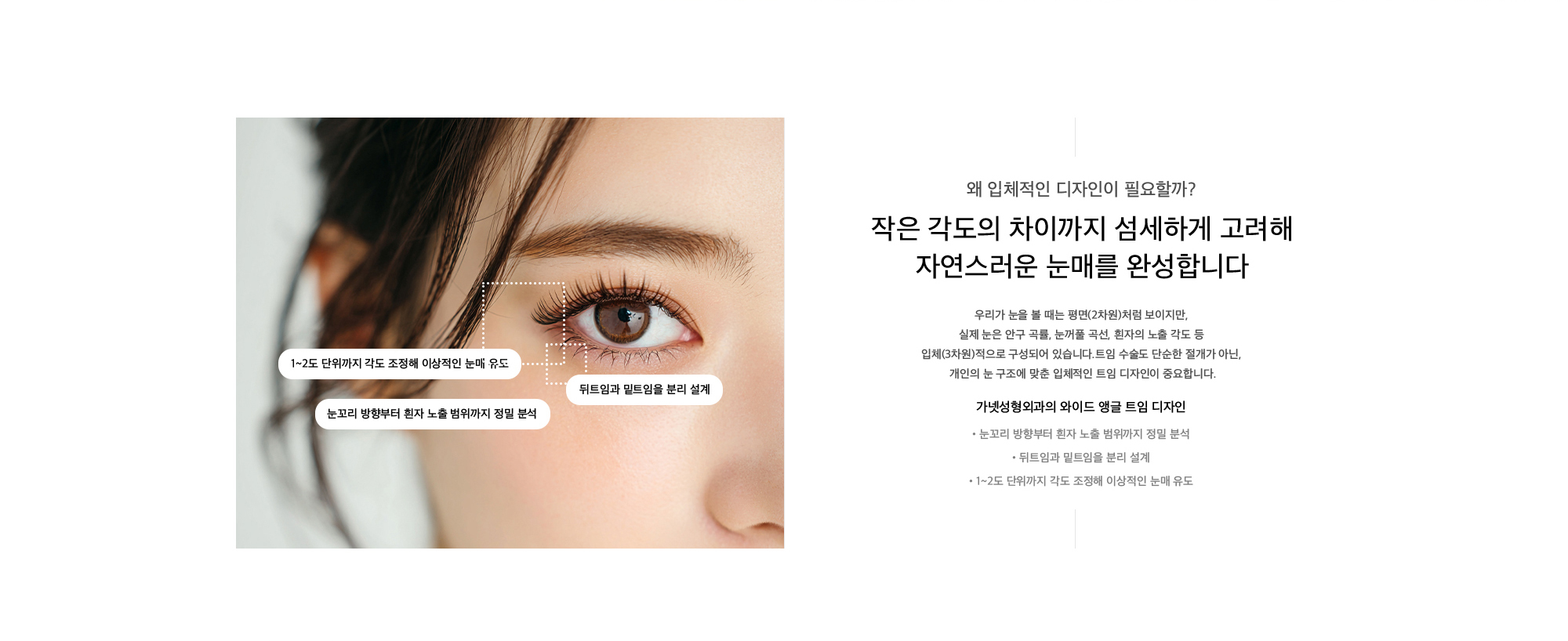 왜 입체적인 디자인이 필요할까? 작은 각도의 차이까지 섬세하게 고려해 자연스러운 눈매를 완성합니다 우리가 눈을 볼 때는 평면(2차원)처럼 보이지만, 실제 눈은 안구 곡률, 눈꺼풀 곡선, 흰자의 노출 각도 등 입체(3차원)적으로 구성되어 있습니다.트임 수술도 단순한 절개가 아닌, 개인의 눈 구조에 맞춘 입체적인 트임 디자인이 중요합니다. 가넷성형외과의 와이드 앵글 트임 디자인 1.눈꼬리 방향부터 흰자 노출 범위까지 정밀 분석 2.뒤트임과 밑트임을 분리 설계 3.1~2도 단위까지 각도 조정해 이상적인 눈매 유도